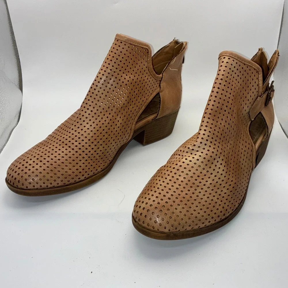Tan Perforated Leather‎ Cut Out Ankle Booties with Buckle and Back Zip Size 8.5